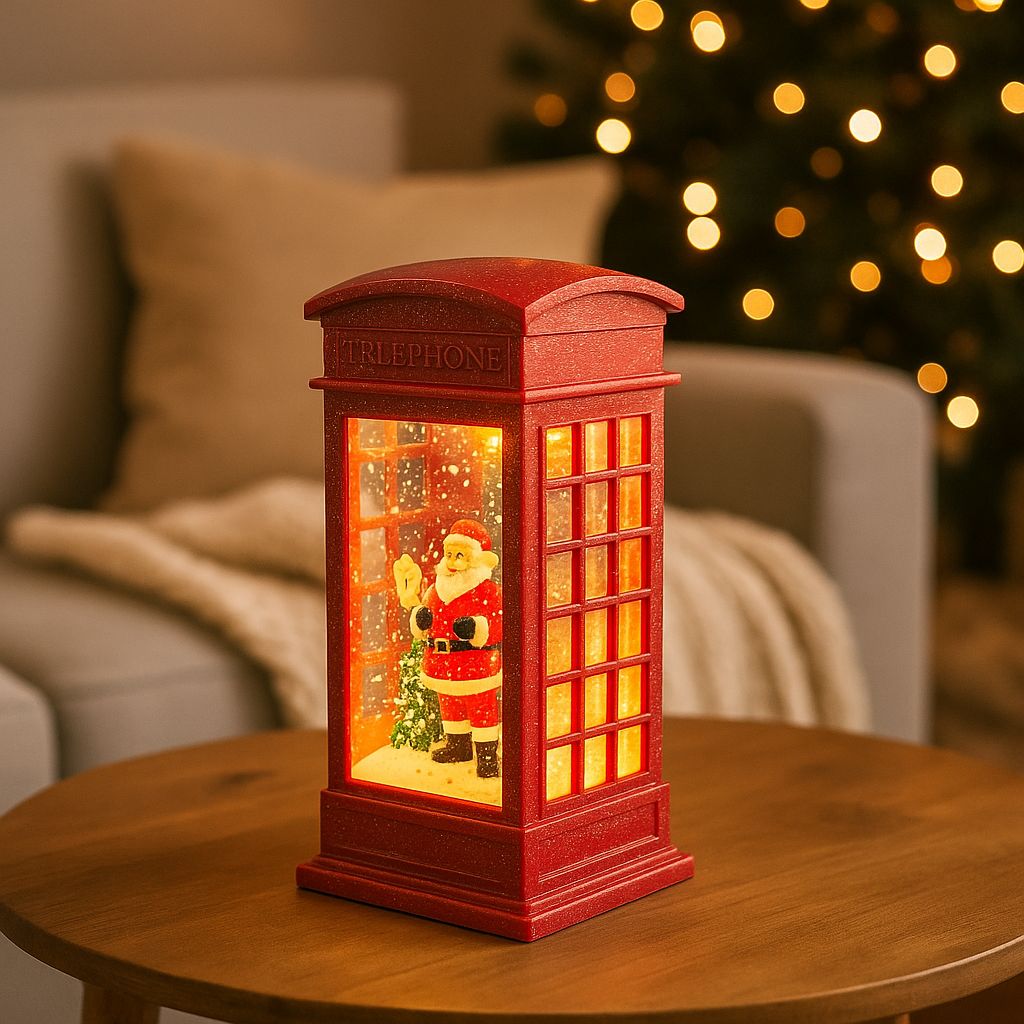 Coral Tree Red Santa Telephone Booth Christmas Night Lamp – Glitter Light Decoration with LED Glow & Pre-Installed Battery