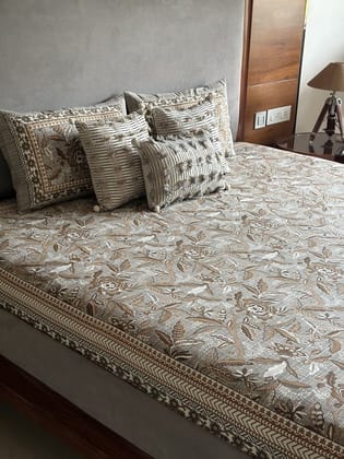 KRI India Bloom Brown Daylilies Budget Bedsheet Set | Grey checkered base with brown and beige print | 100x102 inches | Wash & Care | 100% Cotton | Handcrafted in India. 100% organic & natural. KRI India Bloom Brown Daylilies Budget Bedsheet Set | Grey checkered base with brown and beige print | 100x102 inches | Wash & Care | 100% Cotton | Handcrafted in India. 100% organic & natural.