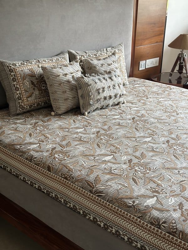 KRI India Bloom Brown Daylilies Budget Bedsheet Set | Grey checkered base with brown and beige print  | 100x102 inches  | Wash & Care | 100% Cotton | Handcrafted in India. 100% organic & natural.