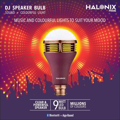 Halonix Prime DJ Speaker 9W Base-B22 Millions Color Smart Bluetooth led Bulb Pack of 1 (Clear & Powerful Bluetooth Speaker with Colorful Light)