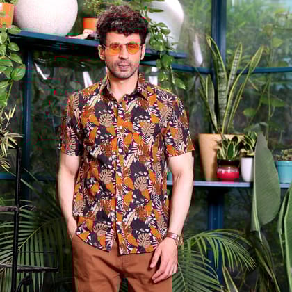 Philodendron Selloum Plant Brown Casual Pure Linen Half Shirt (Size - S) by BLUE EAGLE