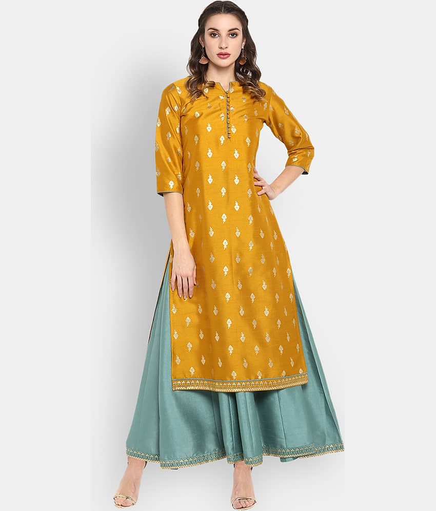 Janasya Women Silk Printed Fit & Flare Dress ( Mustard )