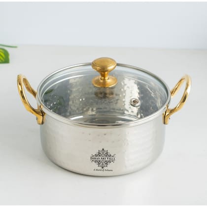 Indian Art Villa Stainless Steel Serving Bowl with Brass Handles and Glass Lid, Hammered Designs – Elegant Tableware for Home & Restaurant Use-350ML