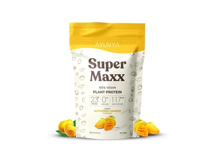 Ayuvya Super Maxx Plant Protein || Vegan - Elevate Your Fitness Journey for Muscle Growth, Recovery, and Overall Well-Being | Mango Flavoured, 250gm