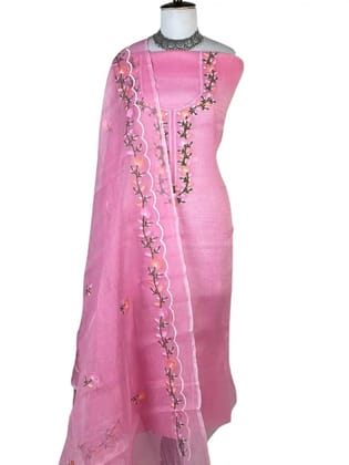 Kota Doria Dress Material Rose Pink Floral Yoke