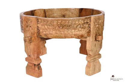 Wooden Round Chakki Table | Solid Wood Coffee Table with Antique Finish
