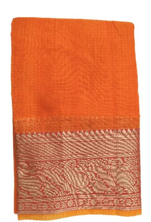 BHATI Women's Kota Doria Pure Cotton Design Saree With Unstiched Blouse Piece (orange)
