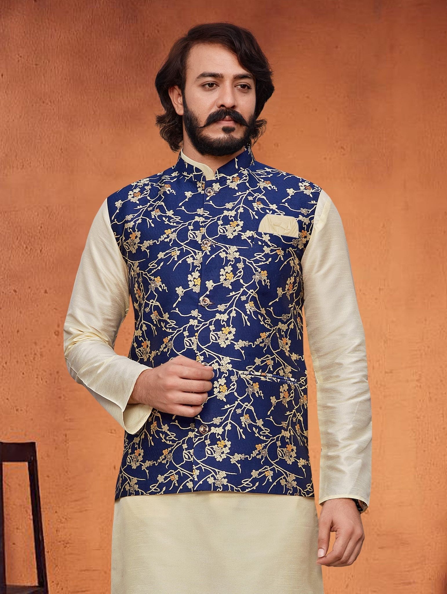 Classic Navy Blue Nehru Jacket with Eye-Catching Self-Design Jacquard-S