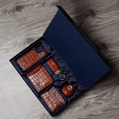 Customised Combo Tan Deep Croco Leather Wallet, Cardholder, Mobile Cover, Airpod & Keychain by BRUNE & BARESKIN-X