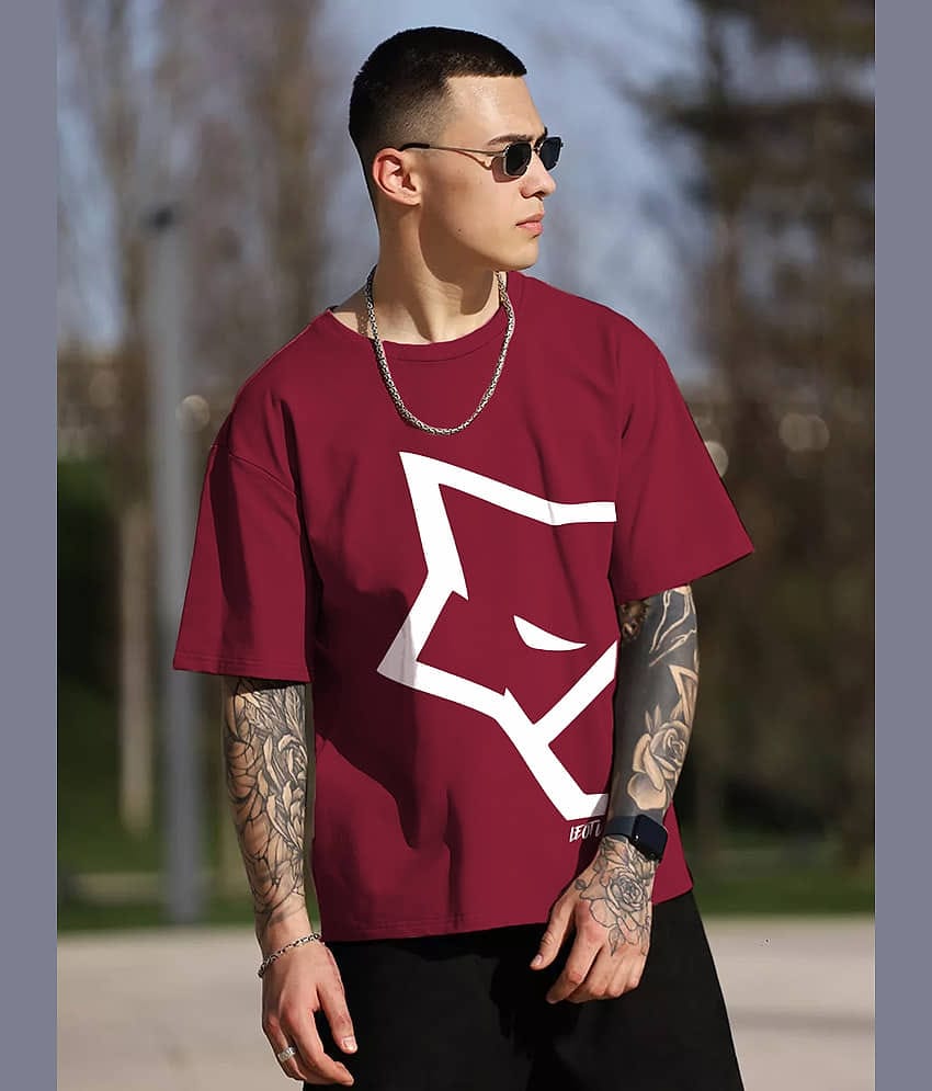 Leotude Men Cotton Blend Oversized Fit Printed T-Shirt ( Maroon )