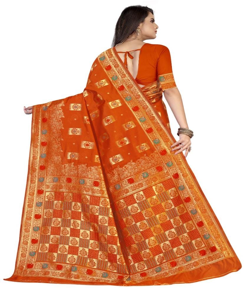 Women's Banarasi Silk Designer Weaving Saree with Unstitched Blouse (Orange, 5.50 Mtrs)