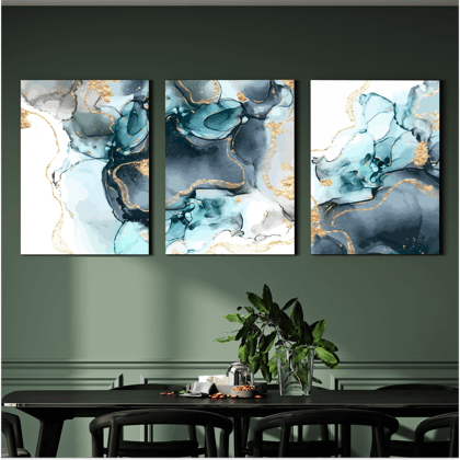 Abstract Blue and Gold Wood Print Wall Art Set of 3-9 X 12 Inches Each / Pinewood Thickness: 6mm