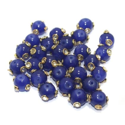 50 pcs 10mm Glass Kundan Beads Round Blue-Blue / Glass