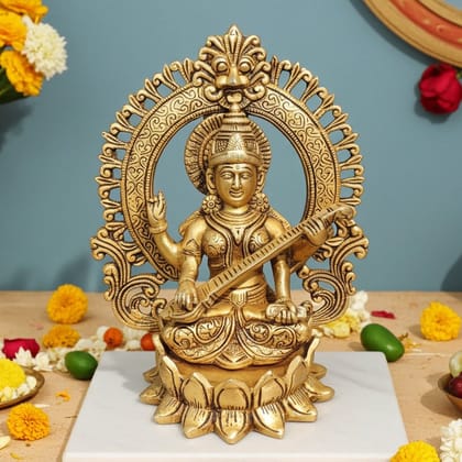Brass Saraswati Ji God Idol - Artistic Decorative Murti, Height : 9.2 Inch (BSMAS1778 S)