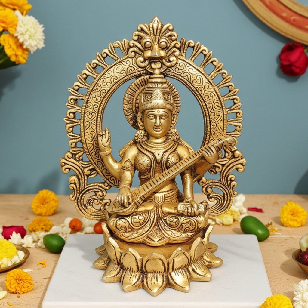 Brass Saraswati Ji God Idol - Artistic Decorative Murti, Height : 9.2 Inch (BSMAS1778 S)