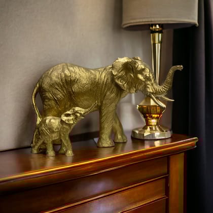Antique Polyresin Mother And Baby Elephant Figurine Showpiece H 19 cm-Poly Resin