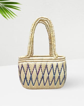 Handwoven Straw Tote Basket with Blue Accent Pattern, 12 Inch x 10 Inch