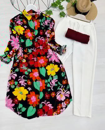 Multi Floral Printed in Black Color Kurti and Palazzo Set by GlamaStitch-M
