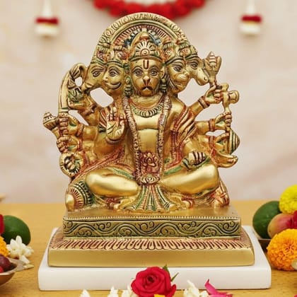 Brass Panchmukhi Hanuman Ji Decorative Idol - Spiritual Showpiece, Height : 7.5 Inch (BSMAS1302 D)