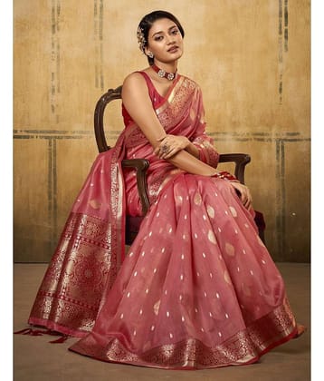Satrani Silk Blend Woven Saree With Unstitched Blouse Piece ( Red )