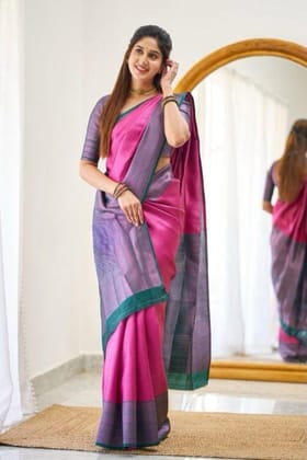 Women's Soft Lichi Silk Printed Saree With Unstitched Blouse 5.5Mtr (Pink)-PID63632