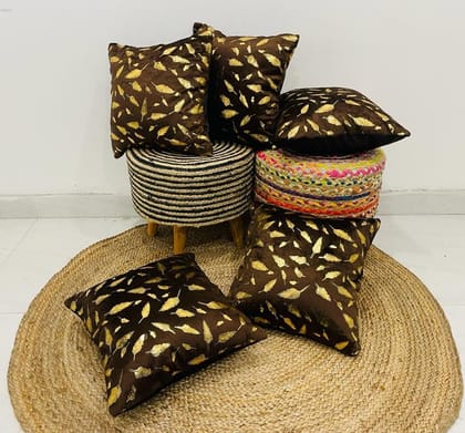 Pack of 5 Feather Printed Faux Fur Cushion Covers 16 x 16 Inch Brown Color