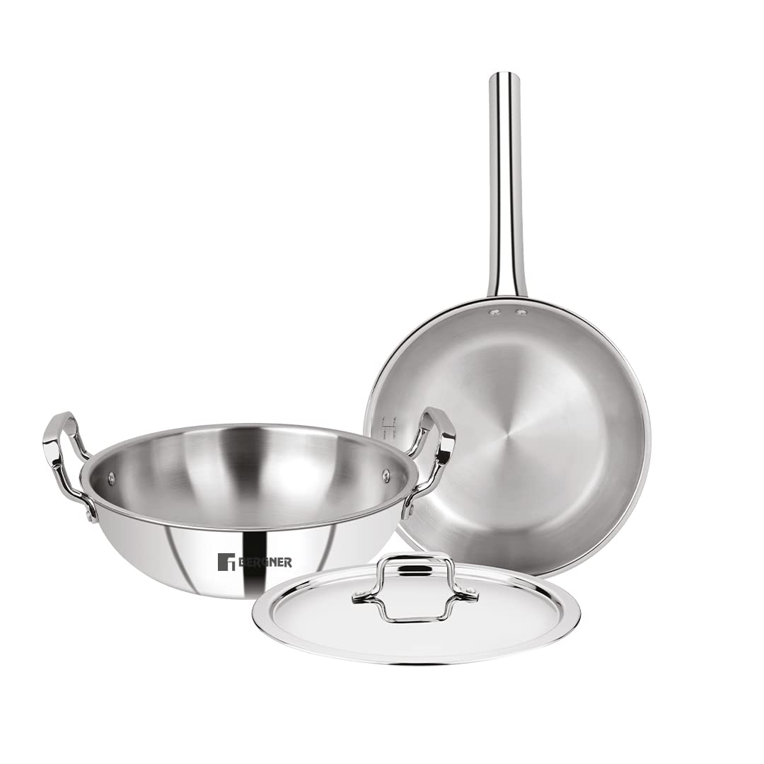 Bergner Tripro TriPly Stainless Steel 3Pcs Cookware Set- 24 cm (3 Liters) Indian Wok/Kadai with Lid, 22 cm (1.5 Liters) Frypan, Fast and Event Heating, Induction Bottom and Gas Stove Ready