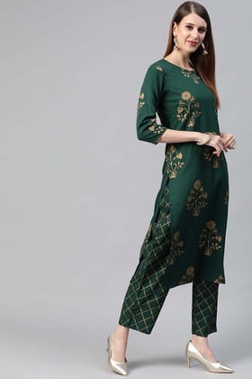 Green Polyester Ethnic Motifs Straight Suit Set PKSKD1040