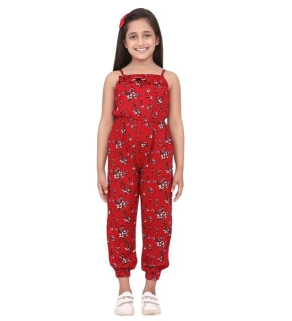 Girl's Rayon Floral Sleeveless Jumpsuit (Red, 3-4-Yrs)-PID66085