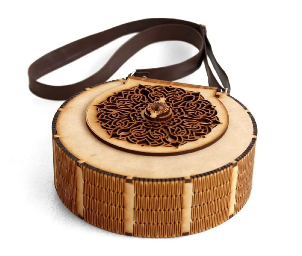 "Exquisite Handcrafted Circular Wooden Handbag with Intricate Floral Design – Perfect Rakhi Festival Gift"