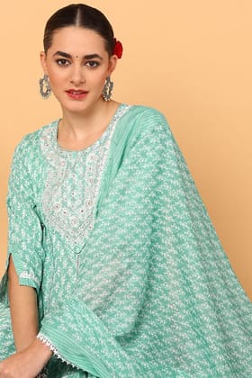 Sea Green Viscose Rayon Ethnic Motifs Printed Flared Kurta Trouser With Dupatta VKSKD2140