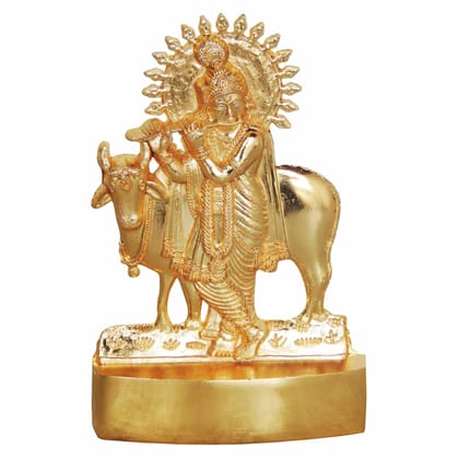 Aluminium Cow Krishna Idol Statue for Pooja Room & Religious Decor, Height : 4.5 Inch (ASMAS193 F)