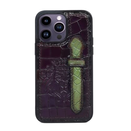Purple Leather Mobile Cover in Deep Cut With Green Holding Finger strap By Brune & Bareskin-15ProMax