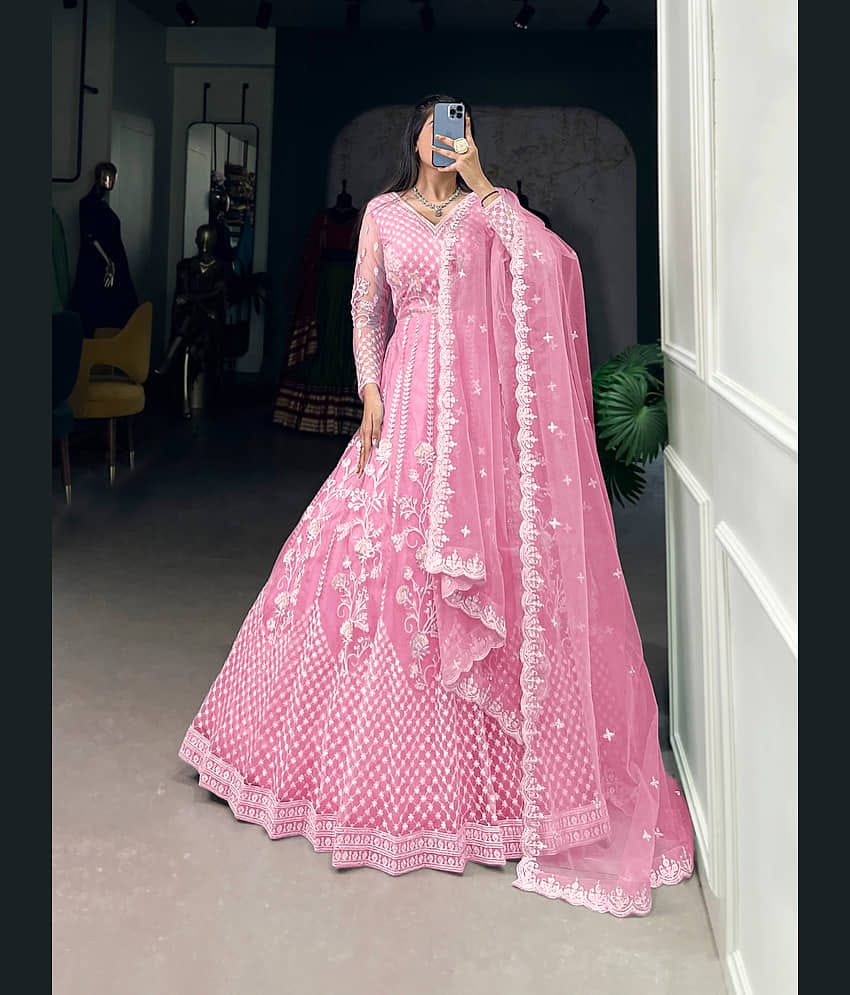 Apnisha Women's Net Semi Stitched Flared Ethnic Gown With Dupatta