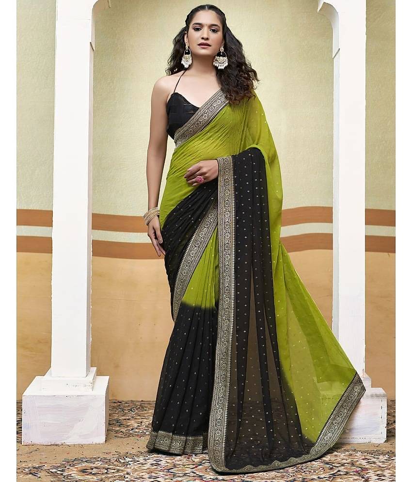 Samah Georgette Printed Saree With Unstitched Blouse Piece ( Olive )