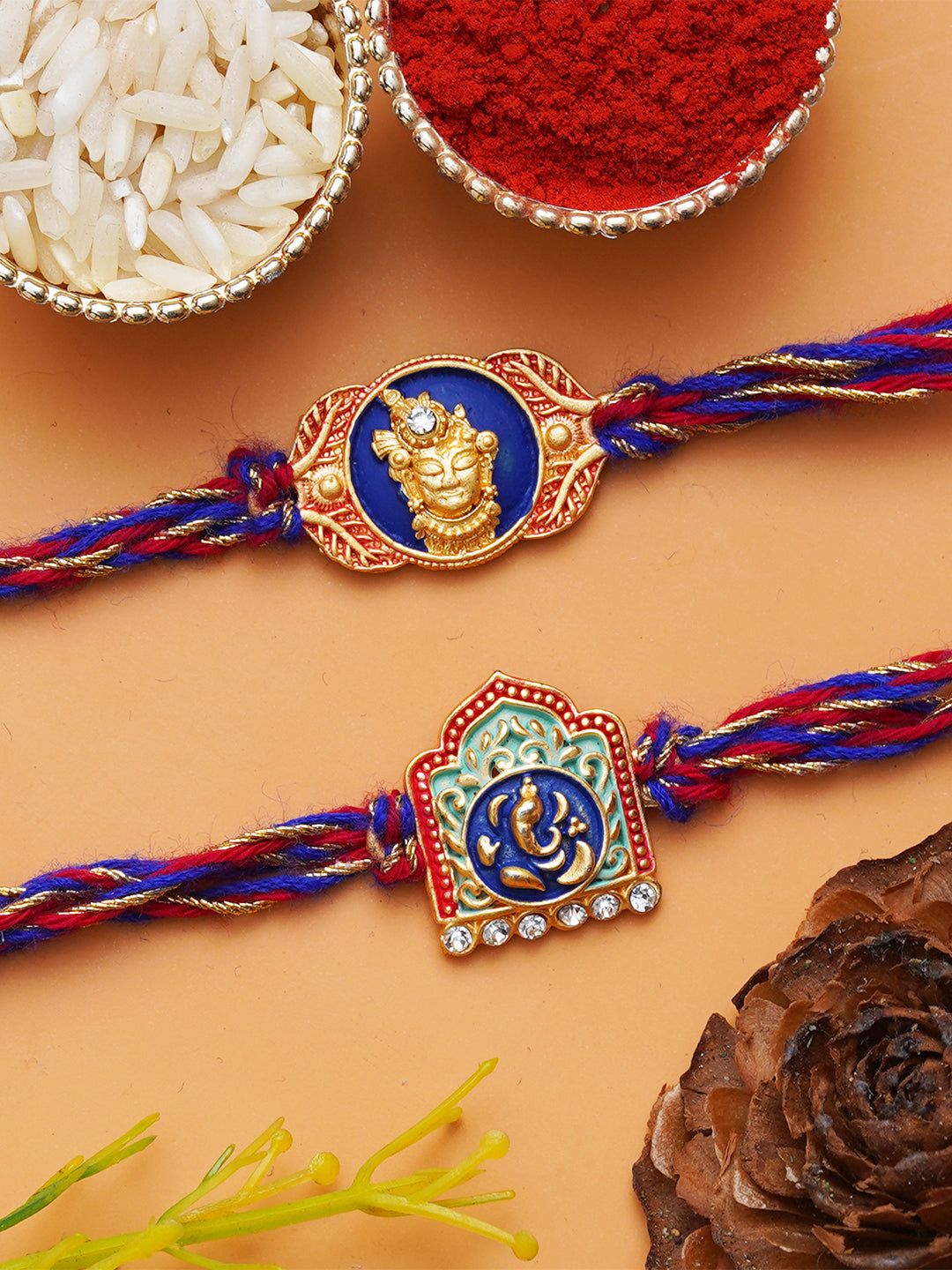 Set of 2 Lord Shrinathji & Ganesha Rakhis for Brother, Bhabhi, Kids with Roli Chawal Pack