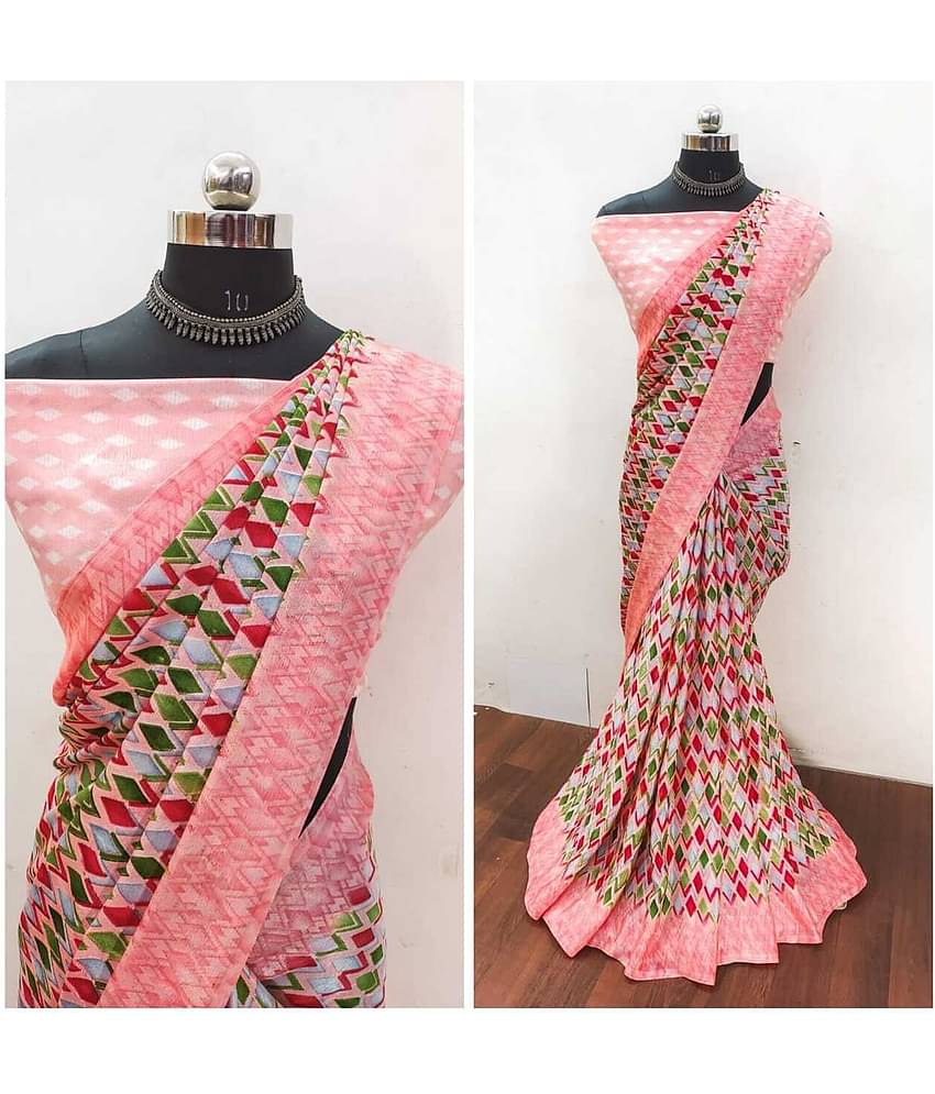 JIHANA FAB Chiffon Printed Saree With Unstitched Blouse Piece ( Pink )