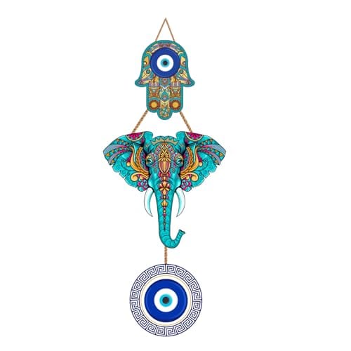 Home Entrance, Elephant Design Wooden Turkish Blue Nazar Battu for Home Entrance, Wall Hanging Ornament &