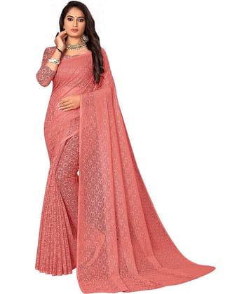 Saadhvi Net Embroidered Saree With Unstitched Blouse Piece ( Peach )