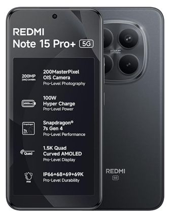 REDMI Note 15 Pro+ 5G (Carbon Black, 12GB+512GB) | 200MasterPixel OIS Camera | Snapdragon 7s Gen 4 | 17.3cm CrystalRes AMOLED Screen | IP66/68/69/69K | Mega 6500mAh Si/C Battery | 100W Hyper Charging