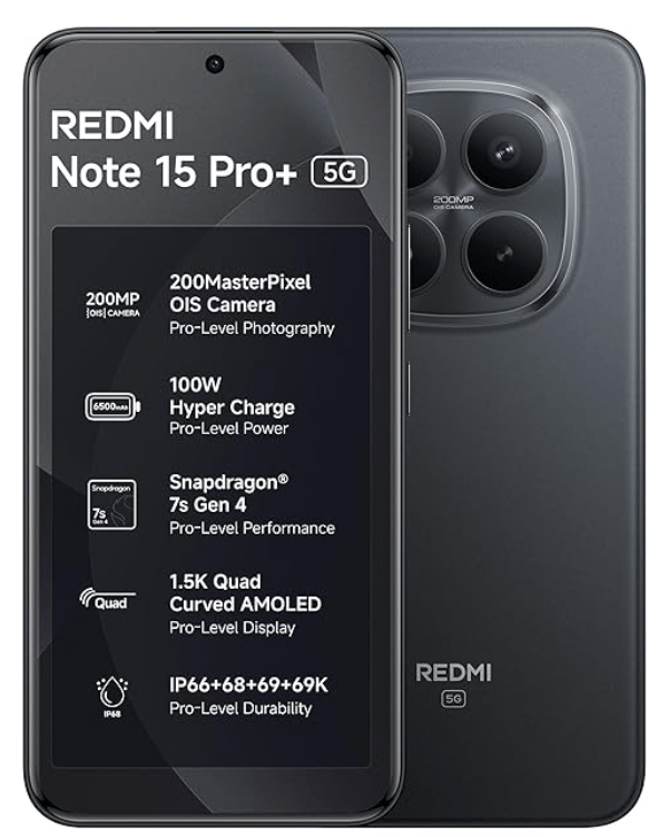 REDMI Note 15 Pro+ 5G (Carbon Black, 12GB+256GB) | 200MasterPixel OIS Camera | Snapdragon 7s Gen 4 | 17.3cm CrystalRes AMOLED Screen | IP66/68/69/69K | Mega 6500mAh Si/C Battery | 100W Hyper Charging