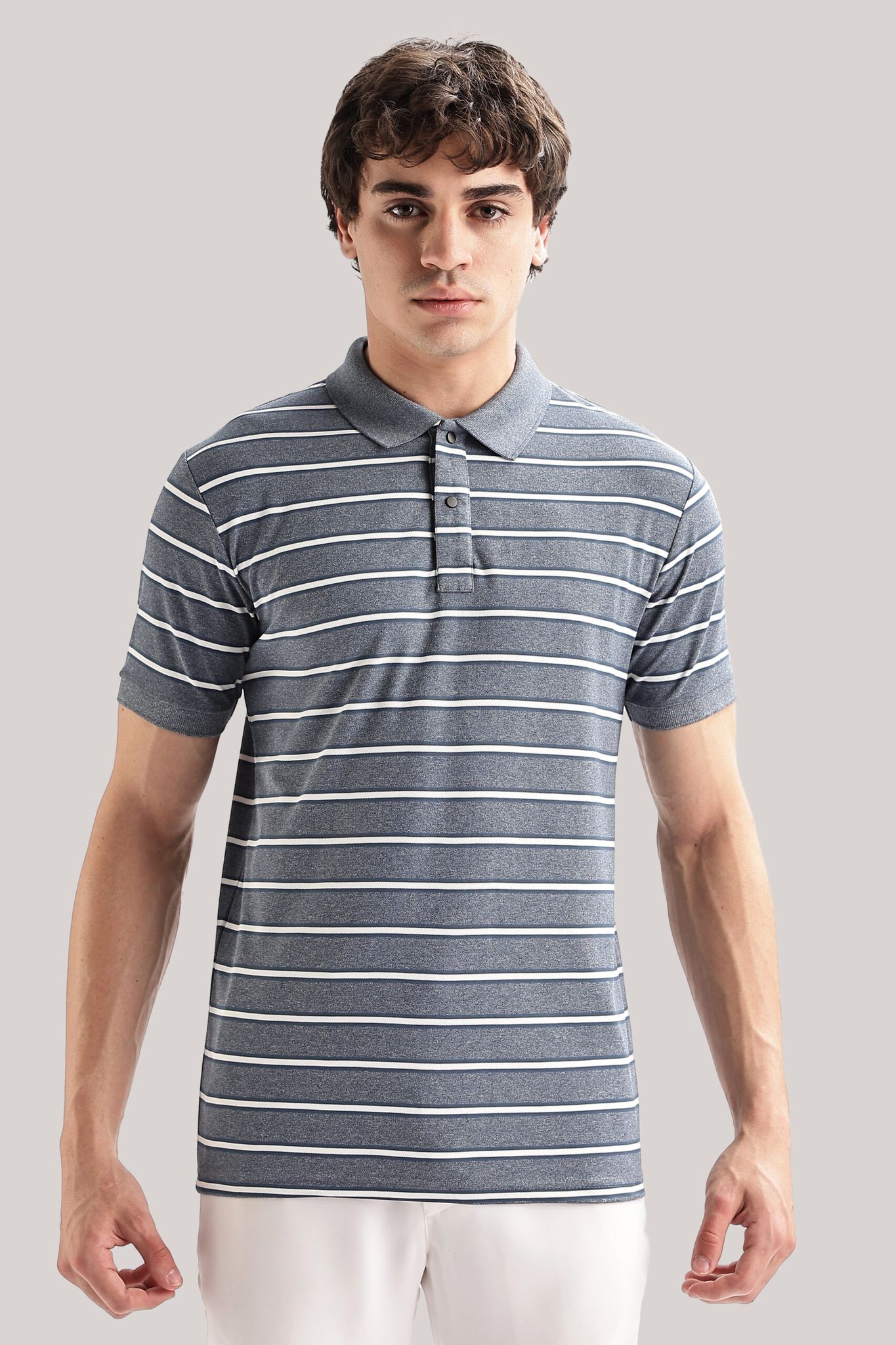 Pollycotton Grey Striped Polo