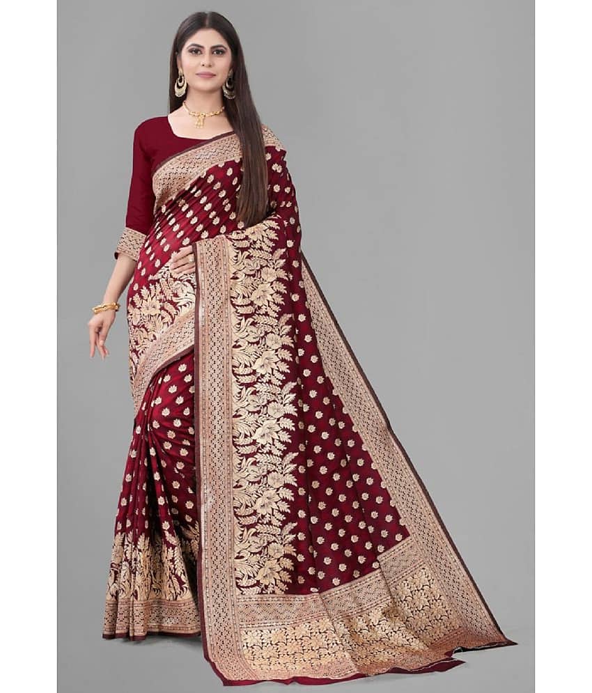 Gazal Fashions Banarasi Silk Embellished Saree With Unstitched Blouse Piece ( Maroon )