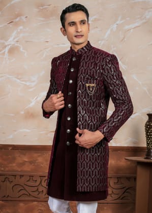 Wine Sequin Designer Open Indo Western Set
