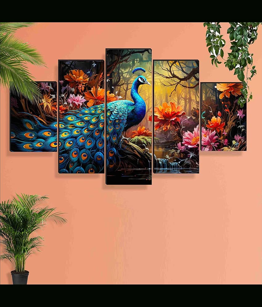 SNDArt Set Of 5 Modern Art Peacock Wall Paintings For Living Room Gift Items/Home Decor Gift Items  18 x30