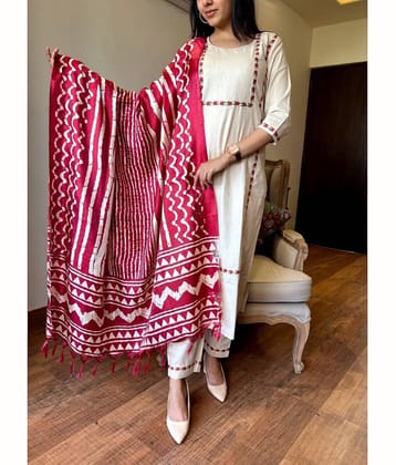 TRAHIMAM Cotton Blend Embroidered Kurti With Pants Women's Stitched Salwar Suit - White ( Pack of 1 )