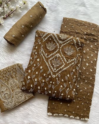 Cotton Satin Self Color Hand Thread Embroidery Work Bandhani Material with Sleeves (Unstitched)-Brown