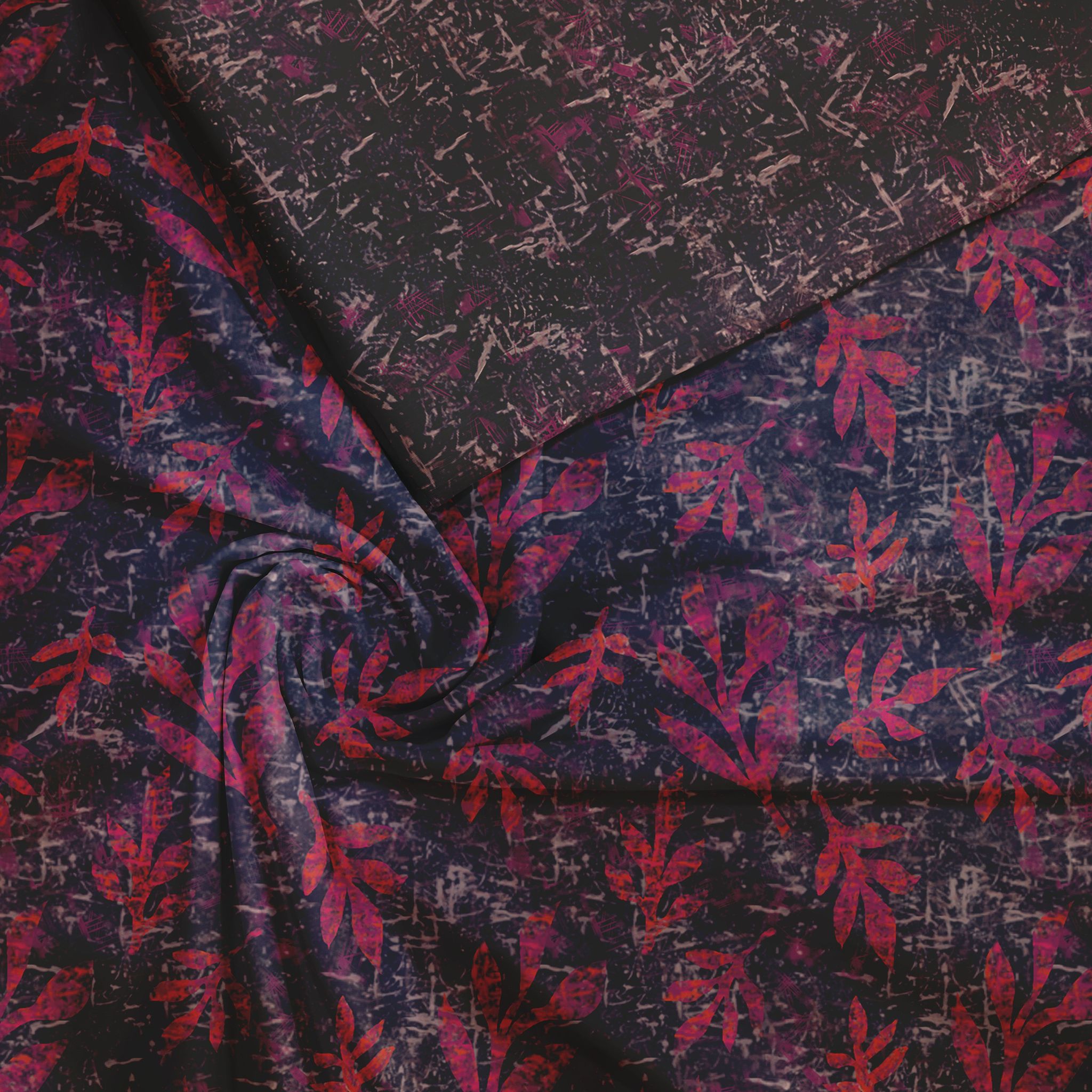 Blue Pink Abstract Leaf Unstitched Suit Set Customize-Silk Satin