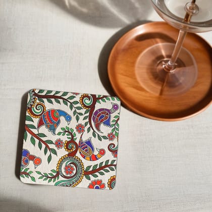 Elegant Madhubani Peacock Print MDF Coaster – Stylish & Durable Design (Set of 4)-Madhubani