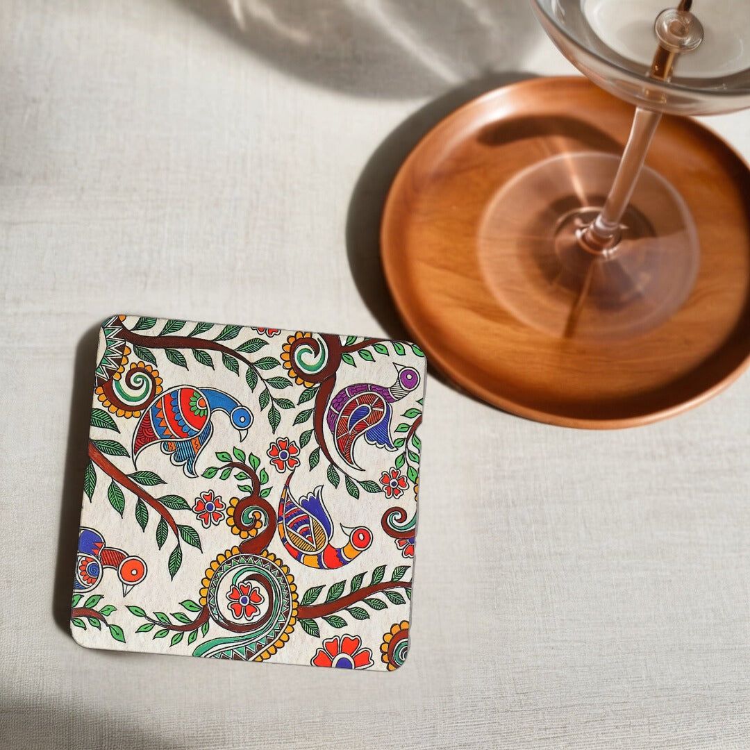 Elegant Madhubani Peacock Print MDF Coaster – Stylish & Durable Design (Set of 4)-Madhubani